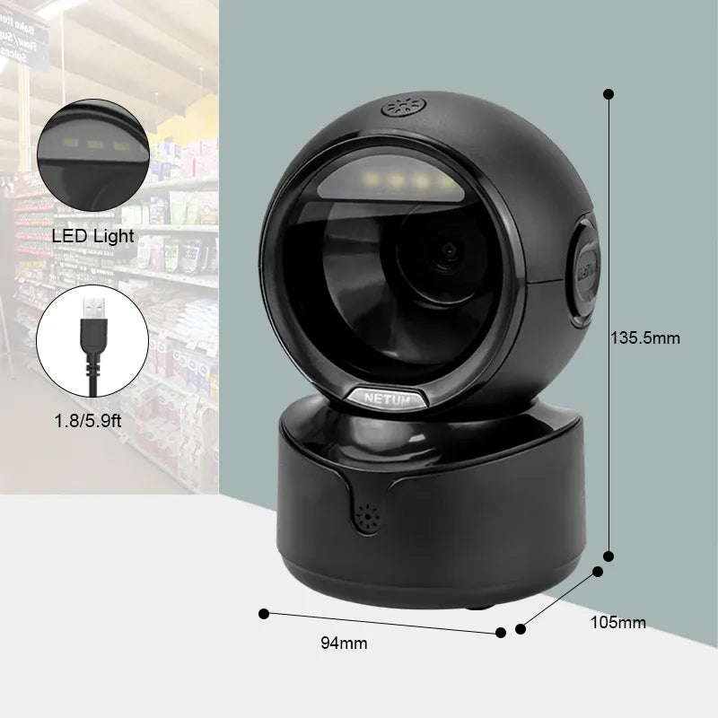 Black desktop omnidirectional barcode scanner with lens window and front LED indicator