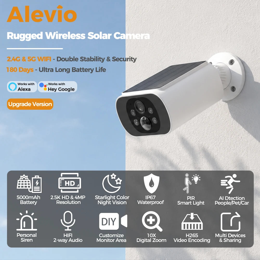 ALEVIO 2.5K Outdoor Solar Camera Wireless Cam WIFI Ultra Standby Time PIR Motion Light Color Night Vision AI Detect Battery Cam