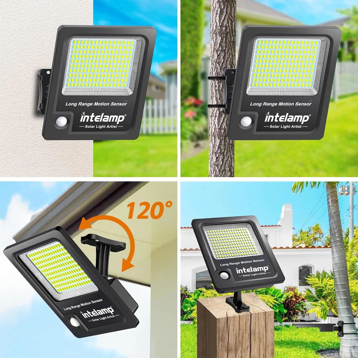 Intelamp 12000mah 3000LM Solar Lights Outdoor Lamp IP66 With Larger Solar Panel Two Motion Sensors For Garden Street Wall Yard