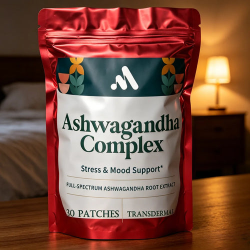 Red pouch of 30 Ashwagandha complex transdermal patches for adaptogen stress and mood relief.