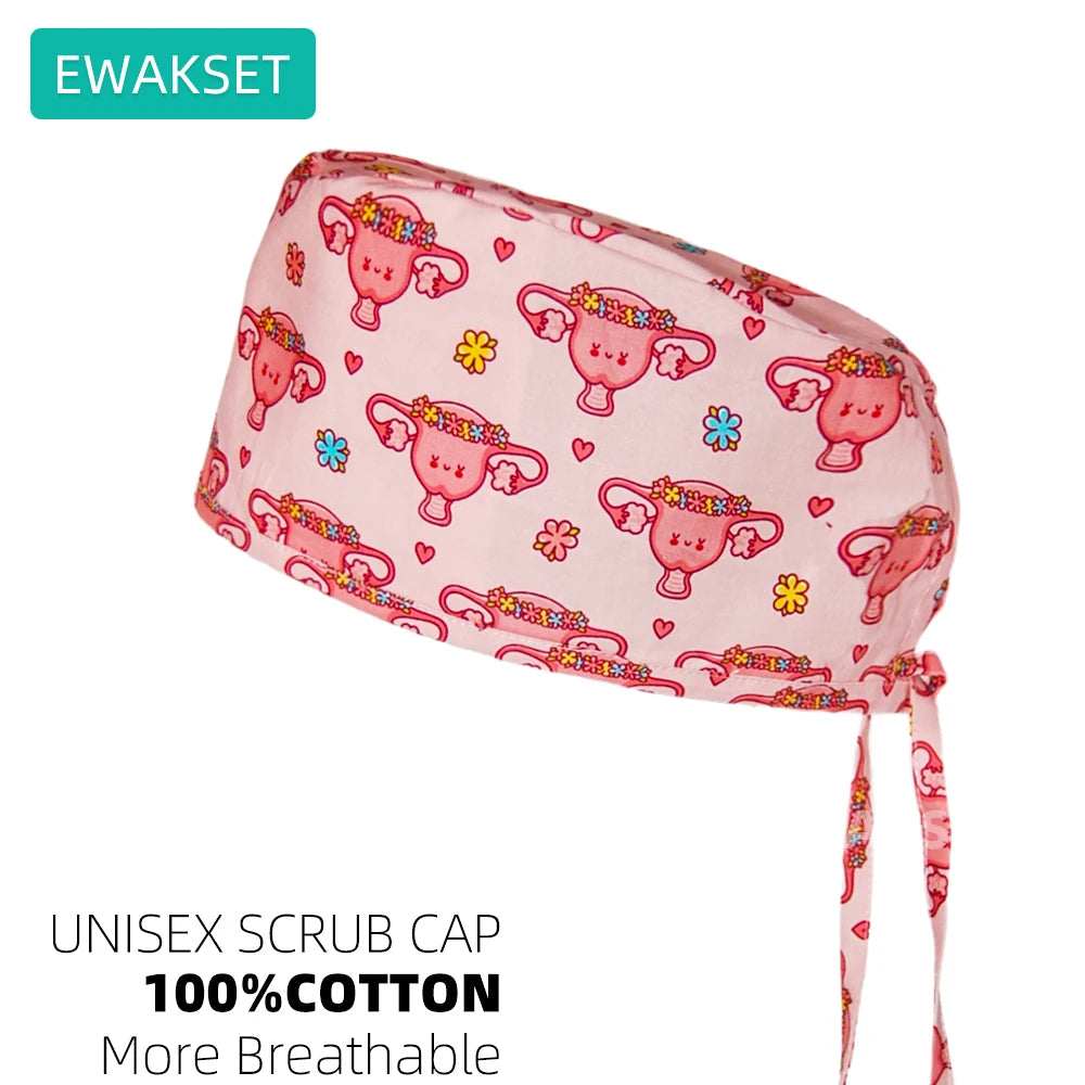 Pink cotton unisex scrub cap with cute floral uterus print, sweatband, and adjustable ties for nurses and vet staff.