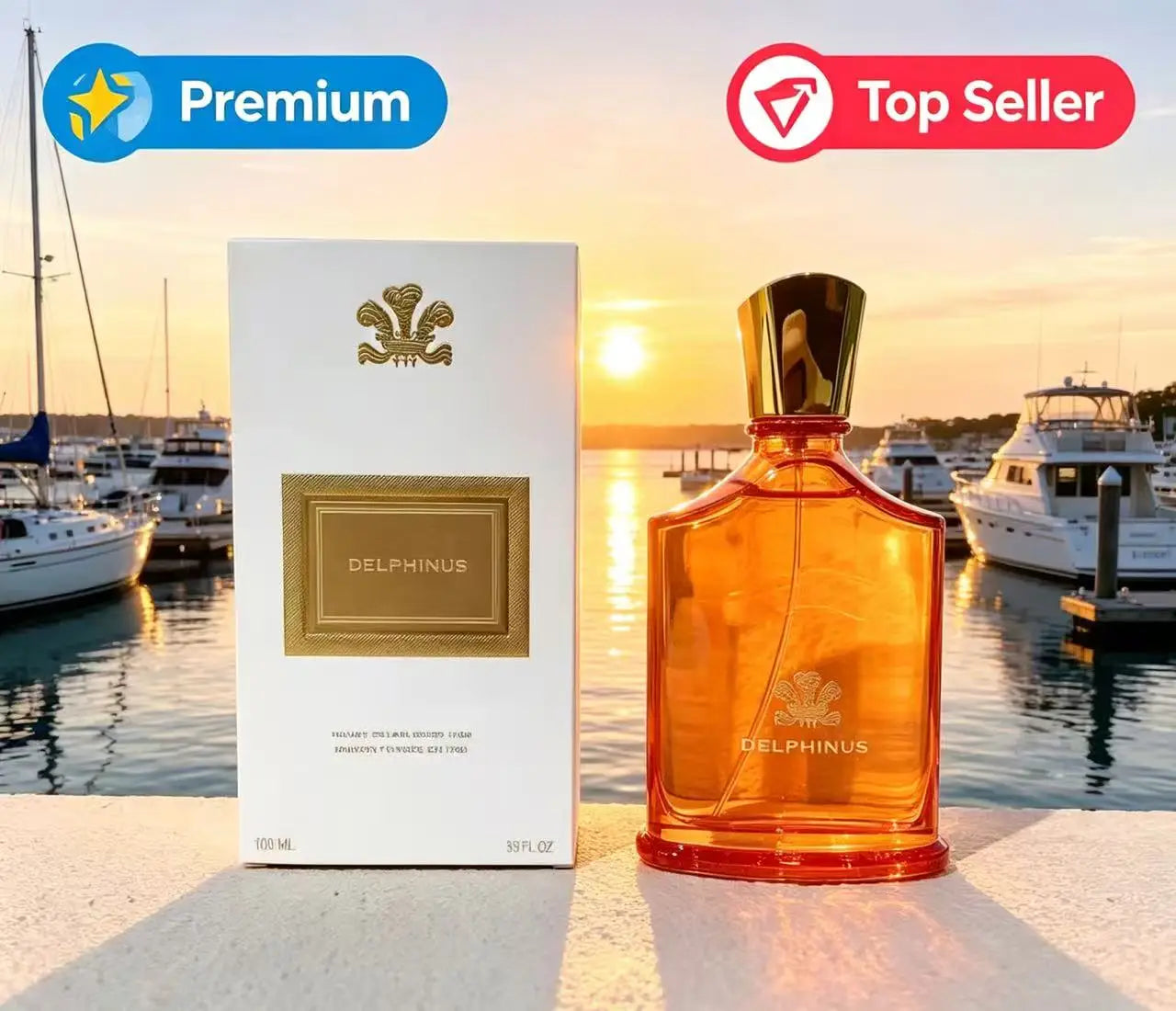 Delphinus unisex EDP perfume in amber glass bottle with gold cap, luxury floral fragrance spray for men and women.