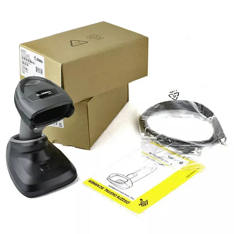 Barcode scanner kit with charging base, cable, and paperwork in retail box