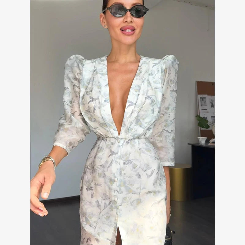 Fashion Sexy Organza Floral Printed Maxi Dress V-neck Puff Sleeve 2026 New Summer Romantic Women Party Gown Elegant Lady Vestido
