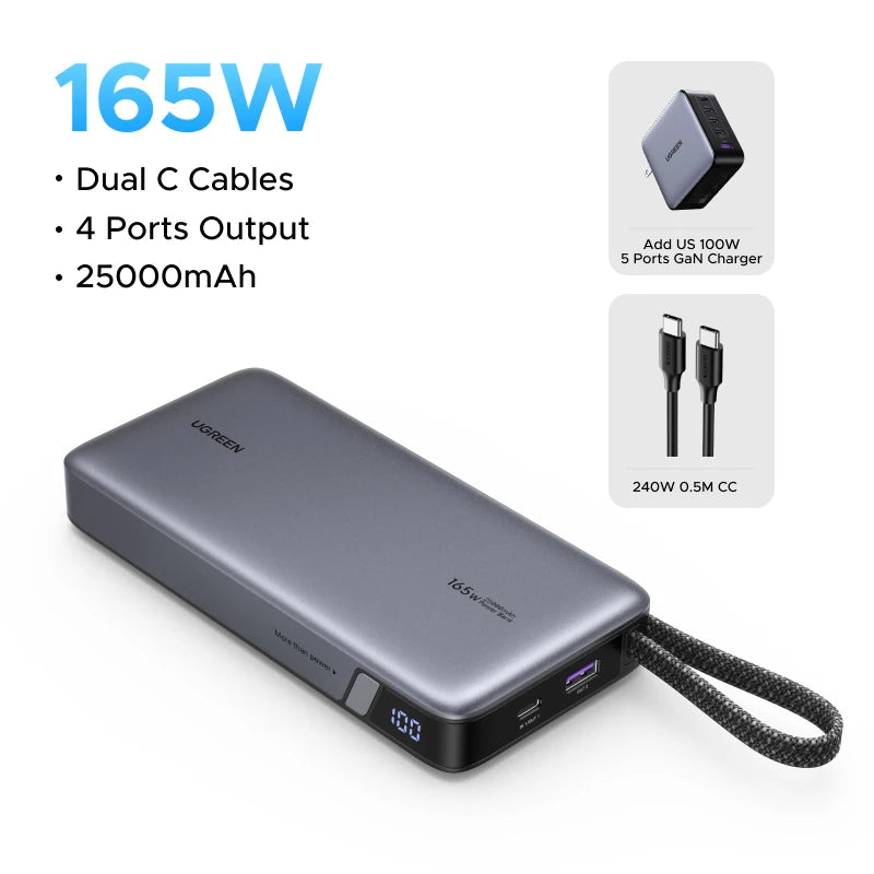 Tidesmit 165W 25000mAh Fast Charging Power Bank with Dual Cables Add 100W US Charger Tidesmit