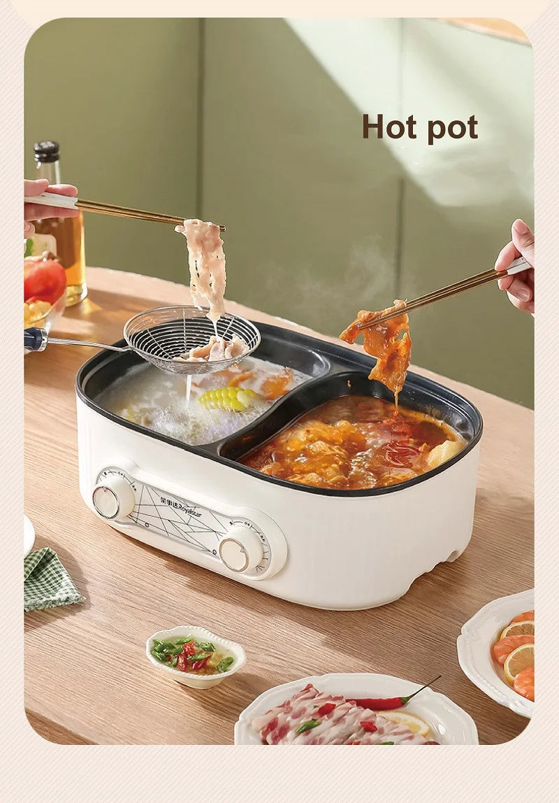 6L electric nonstick hot pot with dual compartments and food being lifted