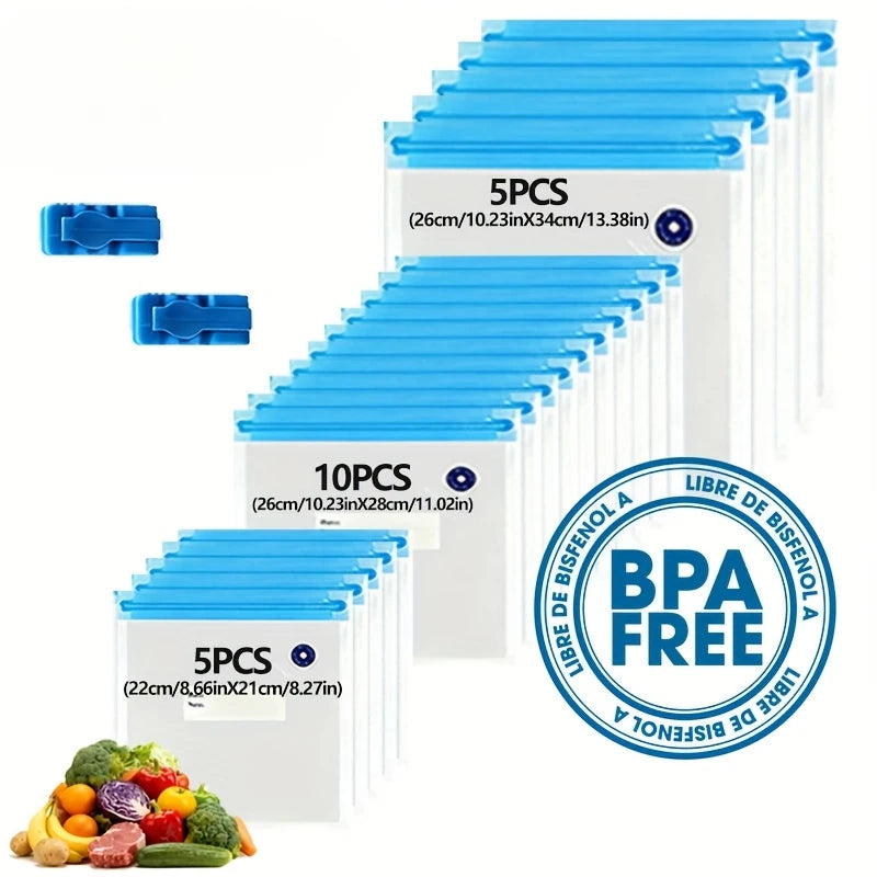 Vacuum Sealer Bags Set 20Pcs (5S 10M 5L) + 2 Clips, Food Safe Reusable Storage Bags for Meat Fruit Vegetable Snacks
