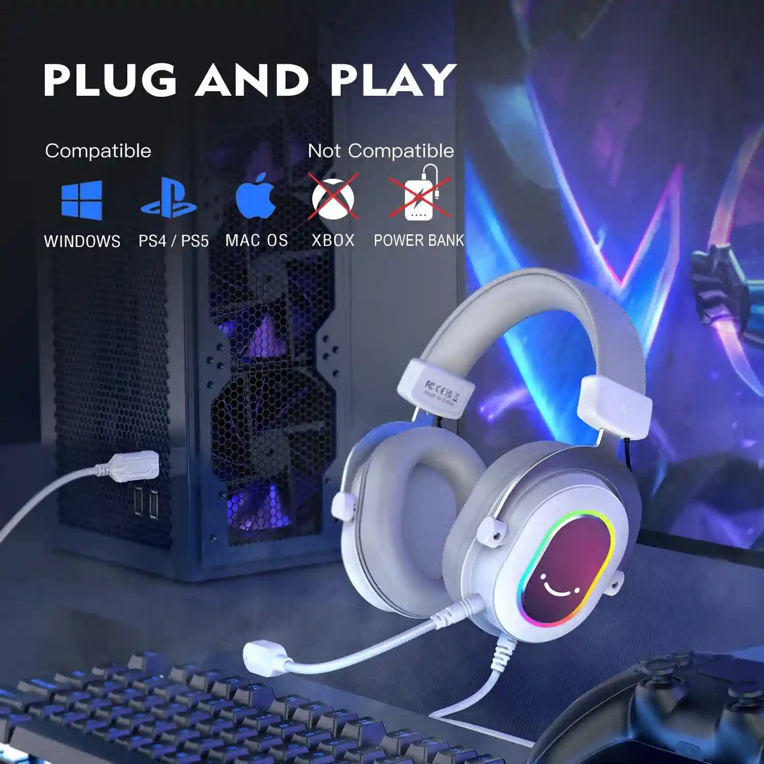 RGB Gaming Headset 7.1 Surround Sound - White Over-Ear Wired Headset Tidesmit