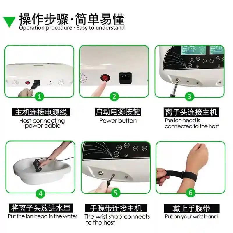 Step-by-step setup guide for dual ionic foot bath detox spa machine with ion head, wrist strap, and power controls.
