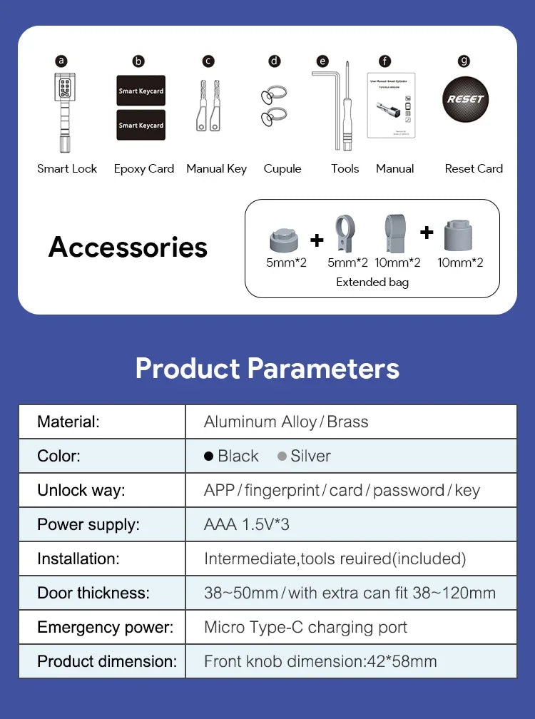 V1 Pro+ Version Adjustable TUYA APP Smart Life Fingerprint Password Digital RFID Card Cylinder Smart Door Lock for Home