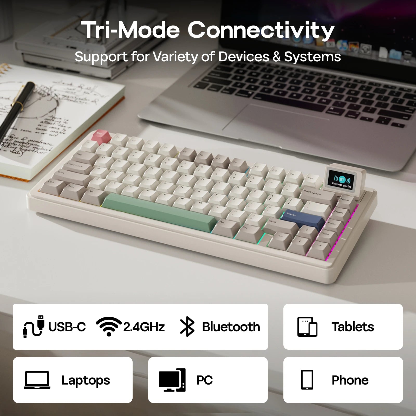 EPOMAKER RT82 QMK/VIA 75% US QWERTY Layout Hot-Swap Gasket Wired/BT 5.0/2.4GHz Wireless Mechanical Keyboard with LCD Screen