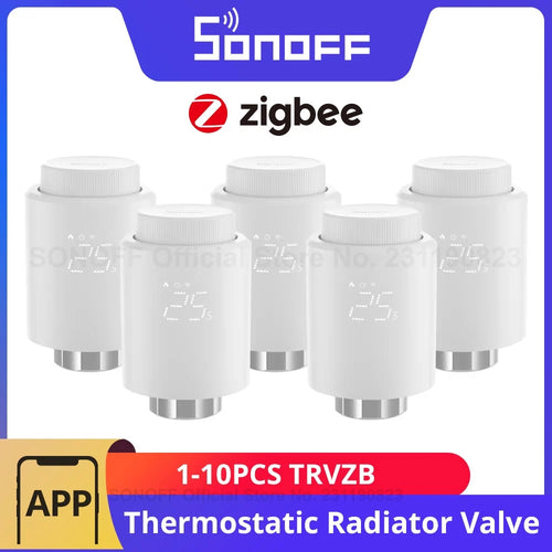 Set of white SONOFF Zigbee thermostatic radiator valves with digital display caps