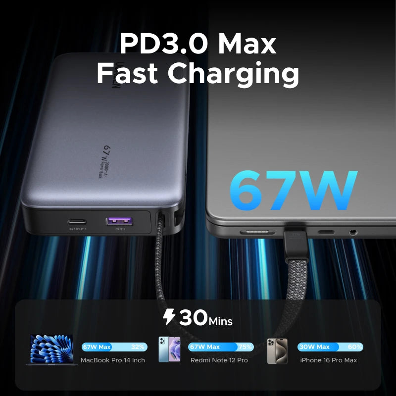 20000mAh Power Bank 67W Fast Charging Portable Charger with Built-in Cable Tidesmit