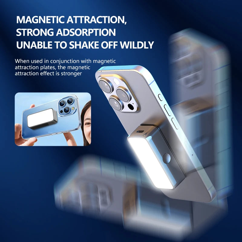A rectangular silver magnetic LED light attached to the back of a smartphone for supplemental illumination.