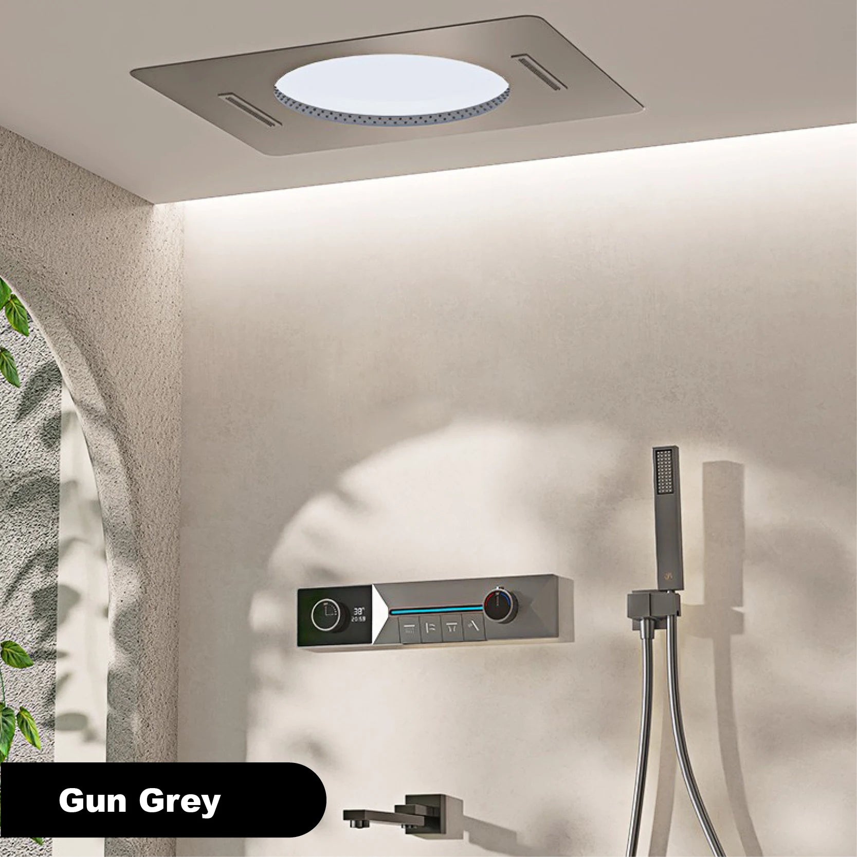Gunmetal Gray Ceiling Mounted 4-Function Waterfall Shower System with Embedded Brass Thermostatic LED Display Body for Bathroom