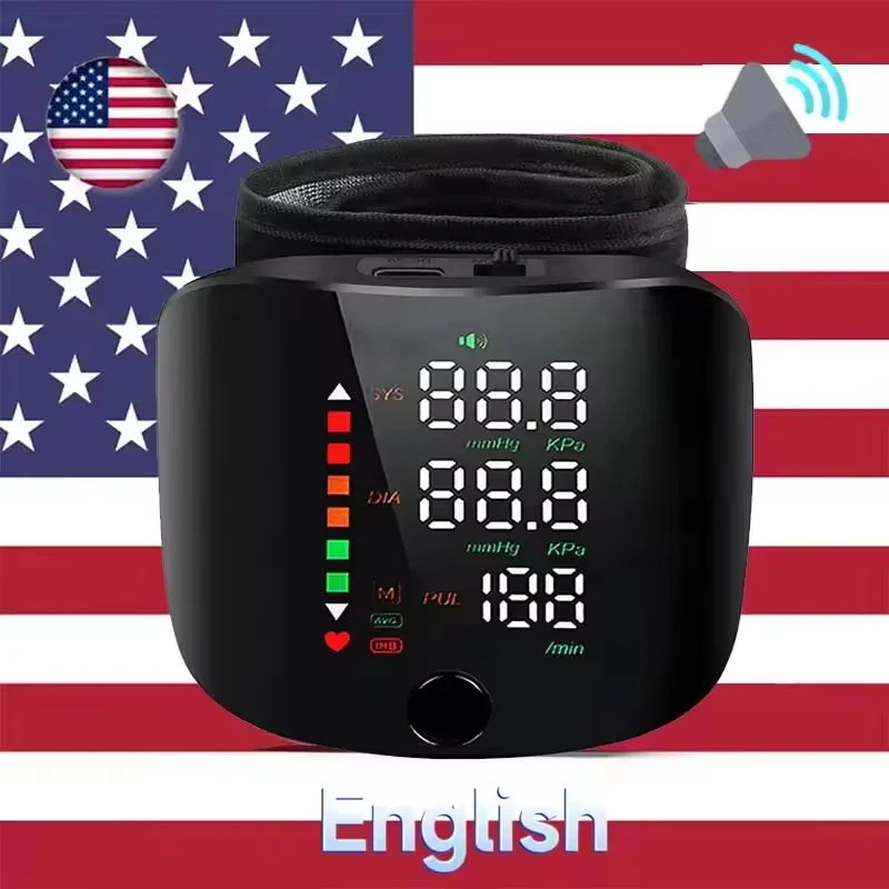 Home Medical USB Charging Blood Pressure Tensiometer Digital Wrist BP Monitor High Precision Heart Rate Detection English Voice