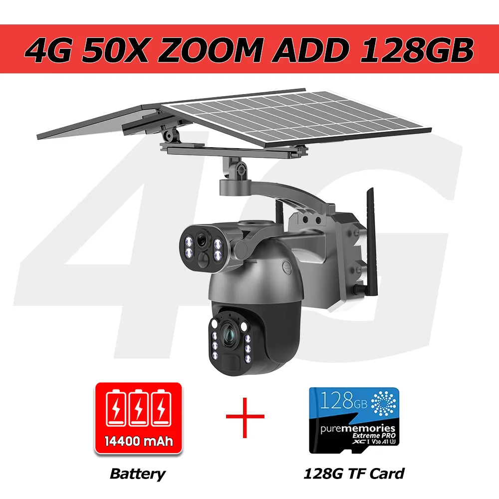 4K 50X Optical Zoom Solar Camera 10MP Dual Lens Home Outdoor 4G Sim PTZ Surveillance WIFI Security AI Auto Tracking CCTV IP Cam