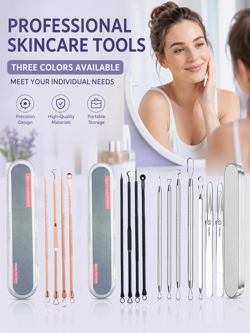Stainless Steel Acne Needle Set of 8 Pieces, High-Density Blackhead Tweezers, Professional Acne Extraction Needles, Tool for Removing Closed Comedones, Portable Storage Set for Home and Beauty Salon Use