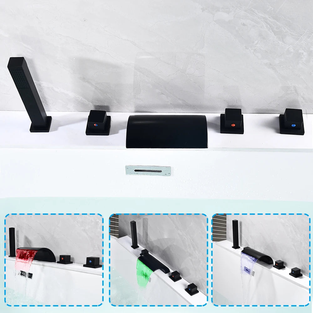 Black Bathroom Faucet Set with LED Light 2-Way Bathtub Mixer, Waterfall and Hand Shower Tap for Modern Bathroom