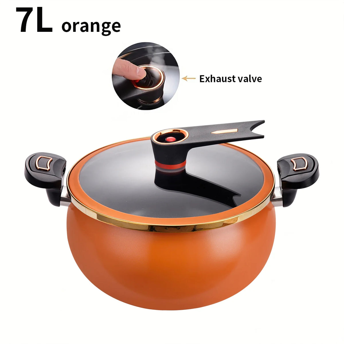 7L orange pressure cooker with black lid, side handles, and top exhaust valve