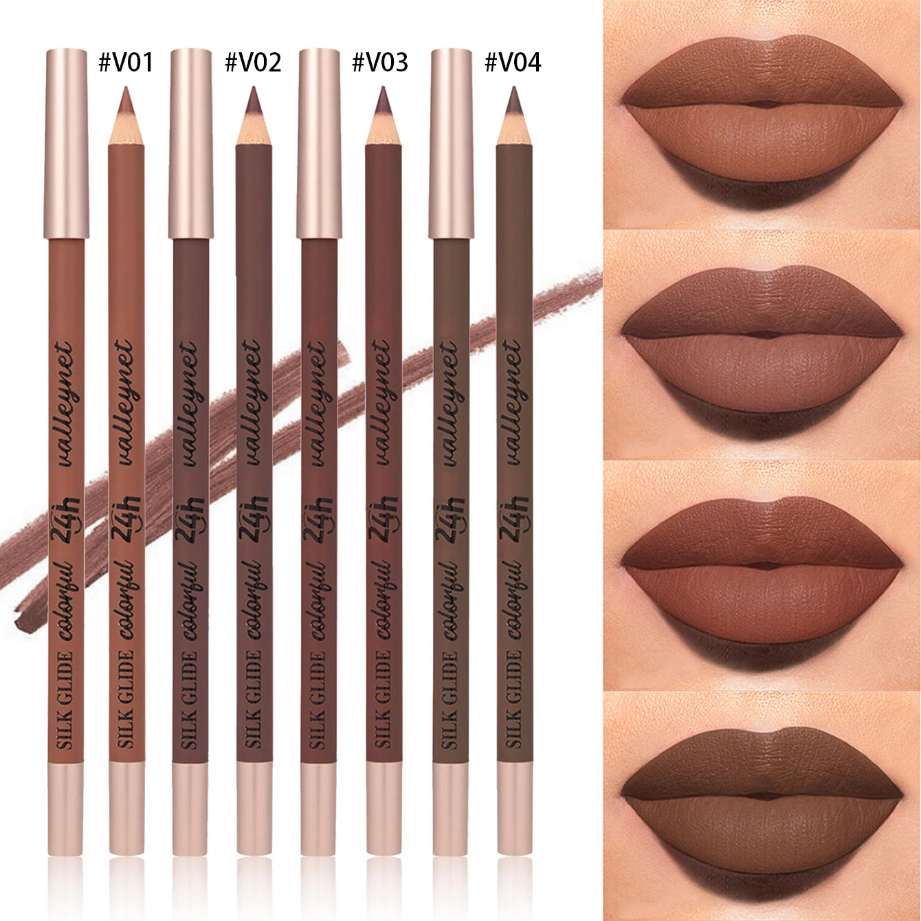 4-piece brown matte lip liner set. Creamy, long-lasting, waterproof, highly pigmented velvet finish lip makeup.
