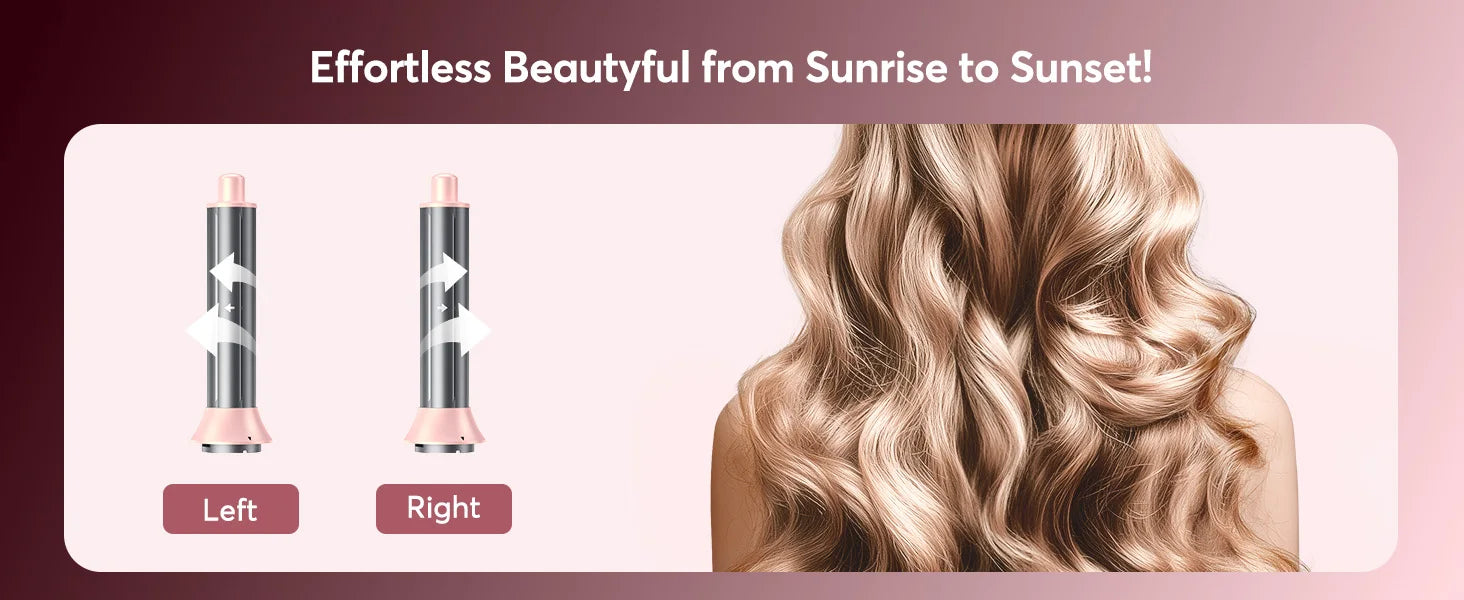 5-in-1 rose gold hot air styler with auto-wrap curler barrels creating soft, wavy hair for professional styling.