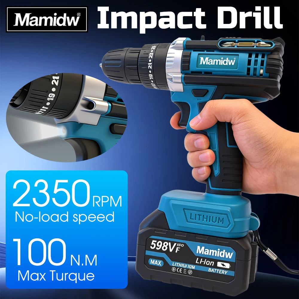 Mamidw Lithium Cordless Impact Drill 100N.M Max Torque 2350RPM Built-in LED Light Wireless Power Drill for Home Renovation & Construction Work, For Makita 18V Battery PIN