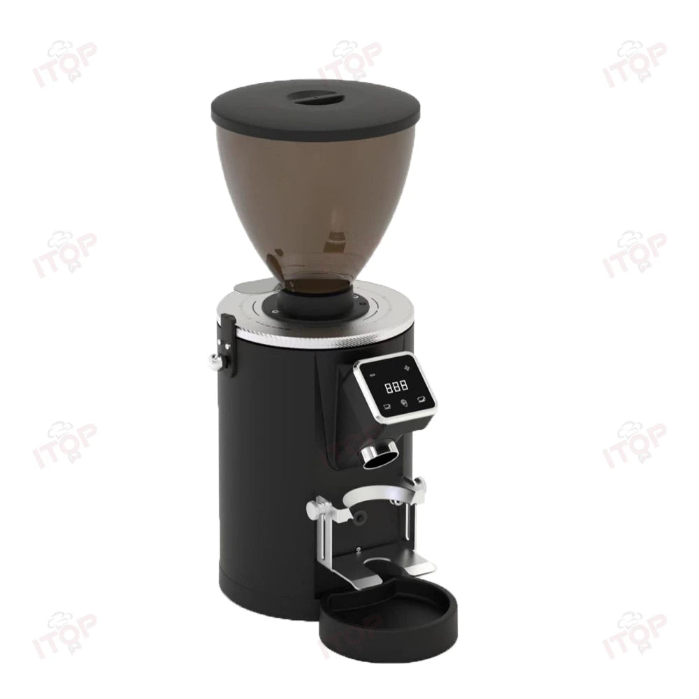 ITOP matte black electric coffee grinder with digital display, metal body, and large bean hopper.