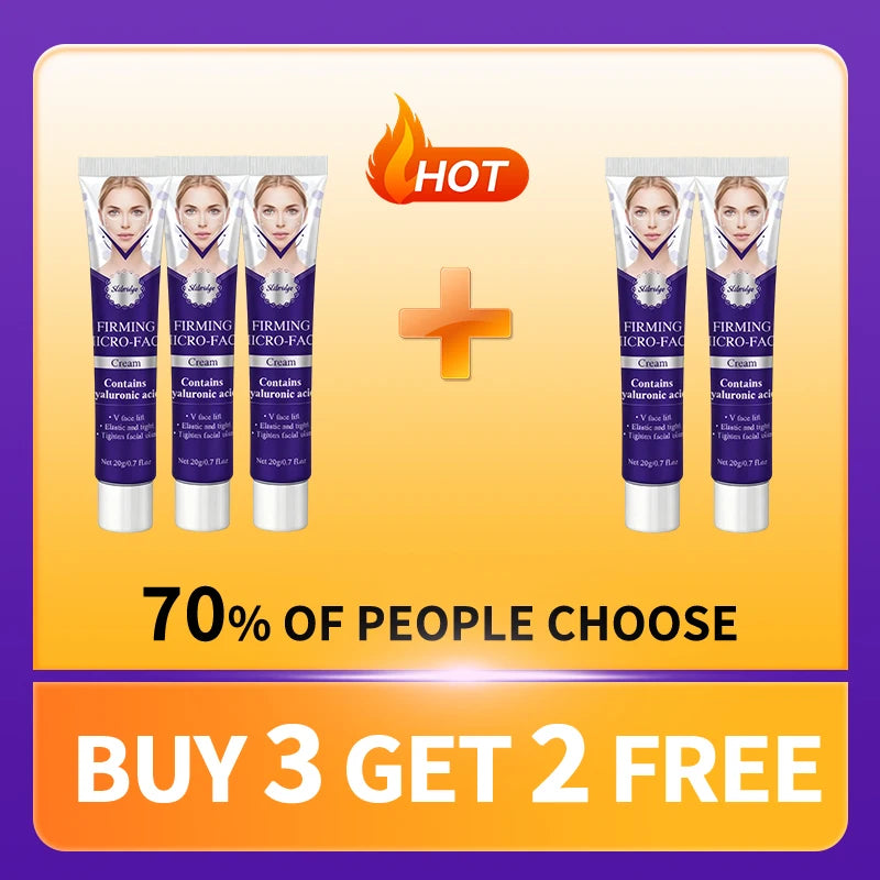 Five tubes of V-line firming face cream with purple packaging, labeled "Firming Micro-Fac," in a buy 3 get 2 offer.