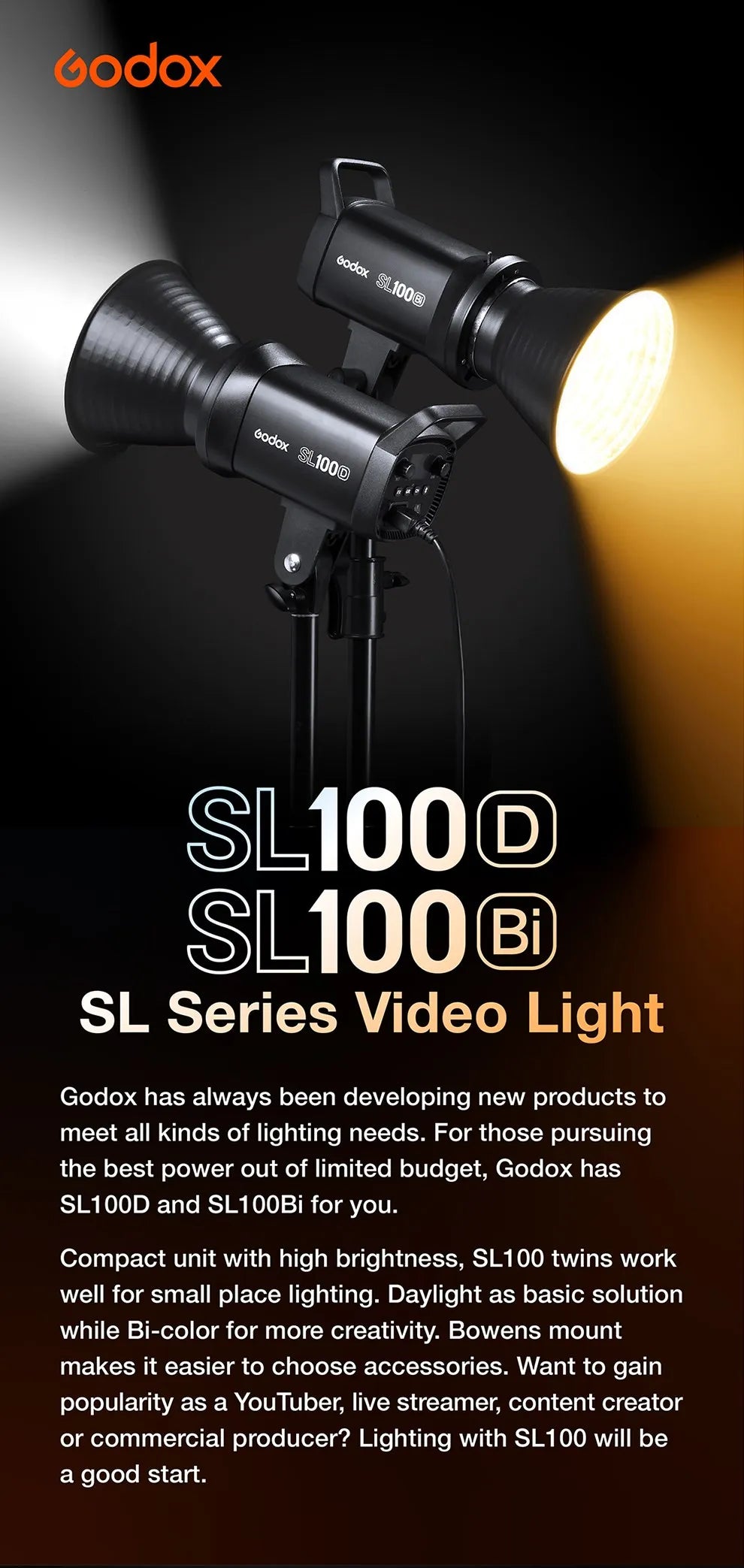 Two black SL100 series LED video lights on stands, one emitting cool white light and one emitting warm yellow light.