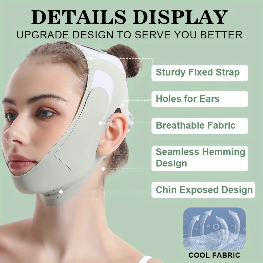 A person wearing a light grey, breathable, seamless chin strap mask with ear cutouts for comfort and a secure fit.