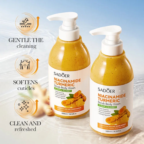 Two bottles of yellow turmeric body wash scrub, 520ml, with anti-inflammatory benefits for gentle skin exfoliation.