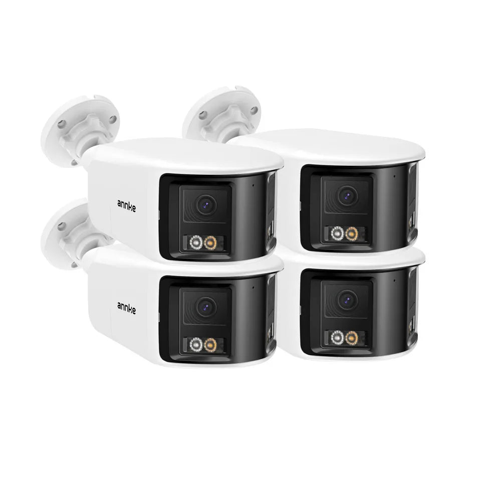 Four dual-lens outdoor security cameras with white mounts