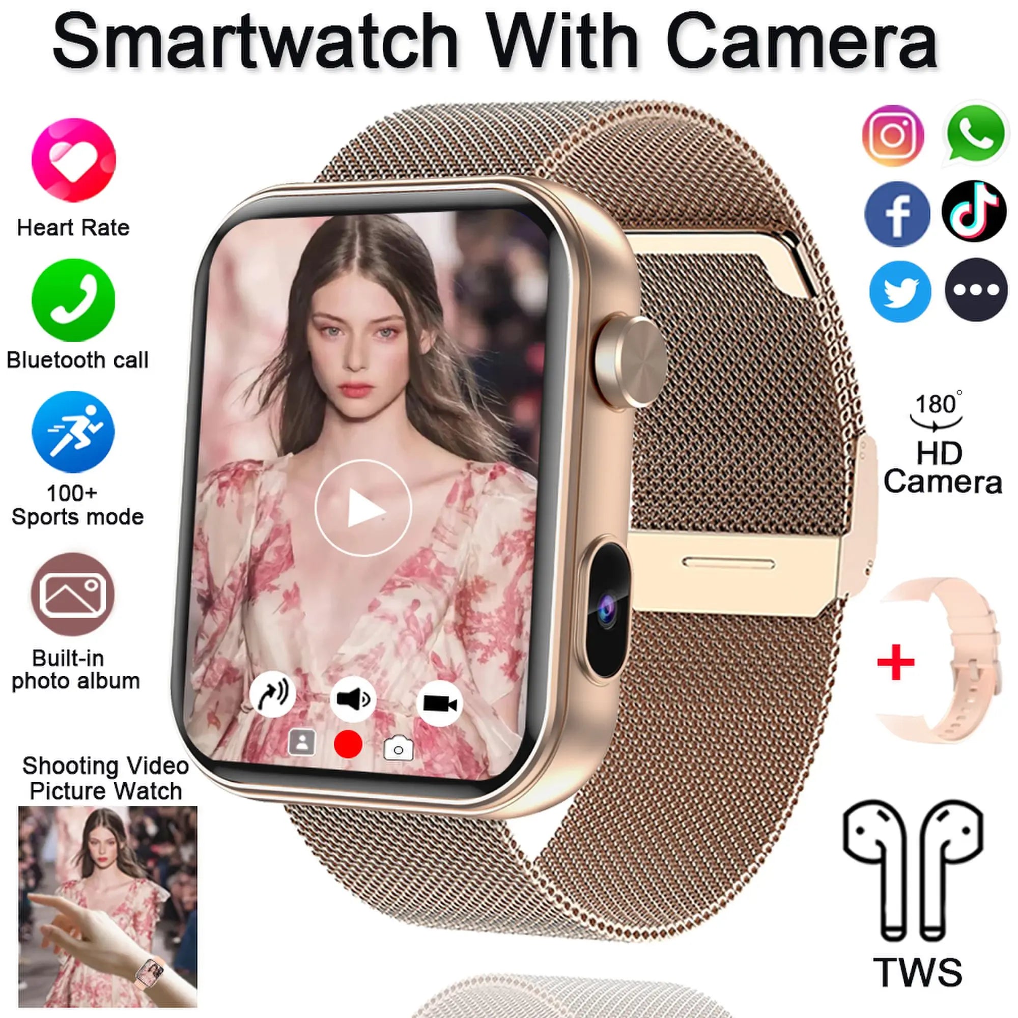 Gold mesh smartwatch with camera, fitness and call icons visible on the display