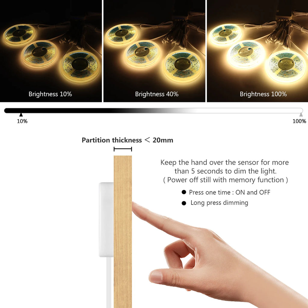 COB LED Strip Light Under Cabinet Collection Display Bookcase Wardrobe Closet Lamp Tape Penetrable Wood Dimmable Touch Sensor