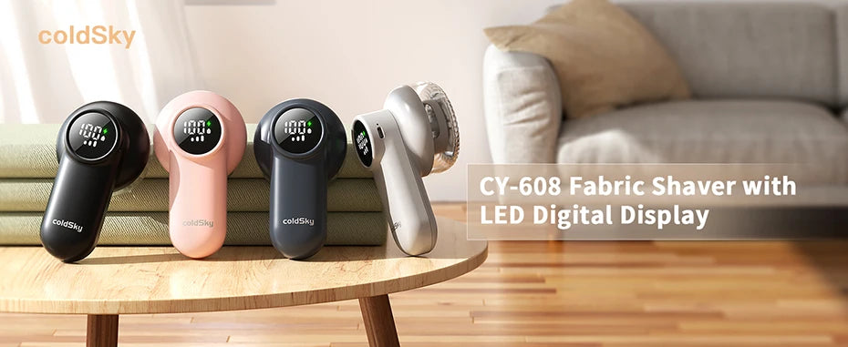 Tidesmit coldSky electric lint remover showing the intelligent digital display and ergonomic handheld design