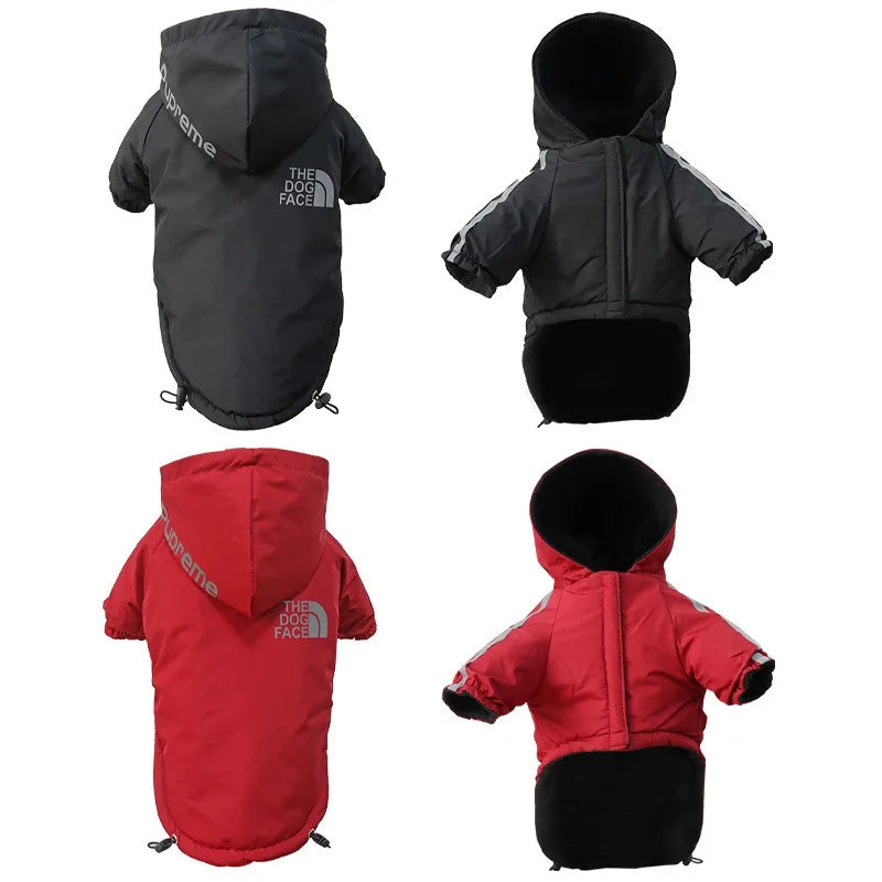 Waterproof winter dog jacket in black and red, hooded reflective snowsuit for warm, windproof outdoor pet protection.