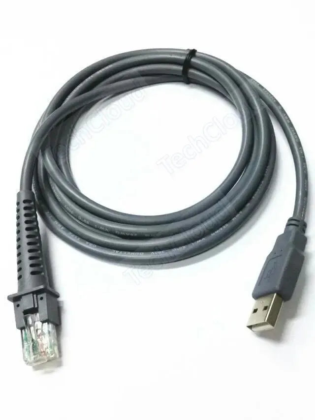 Grey barcode scanner USB cable with RJ45 plug and USB-A connector ends