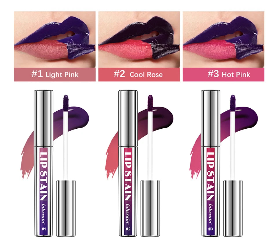 Lakerain peel-off matte lip stain kit in pink shades showing applicator, tube, and long-lasting waterproof lip tint.