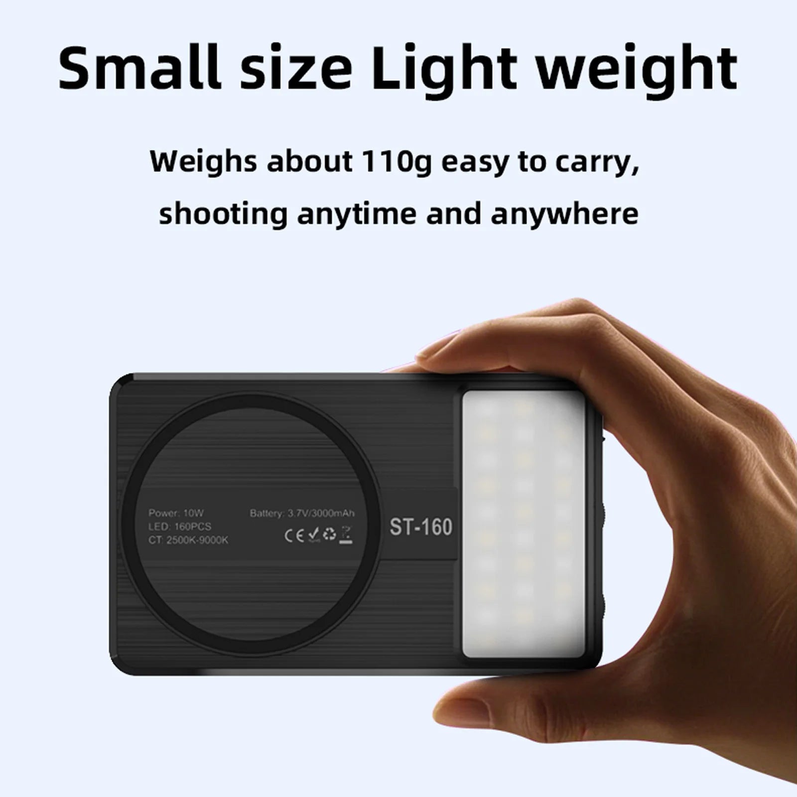 ST-160 portable LED video light. Rectangular black device with a side panel of LED bulbs for handheld photography.