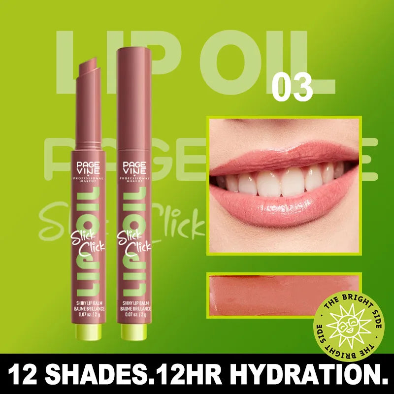 Page Vine moisturizing click-pen lip glaze in a soft pink shade with a glossy, plump finish.