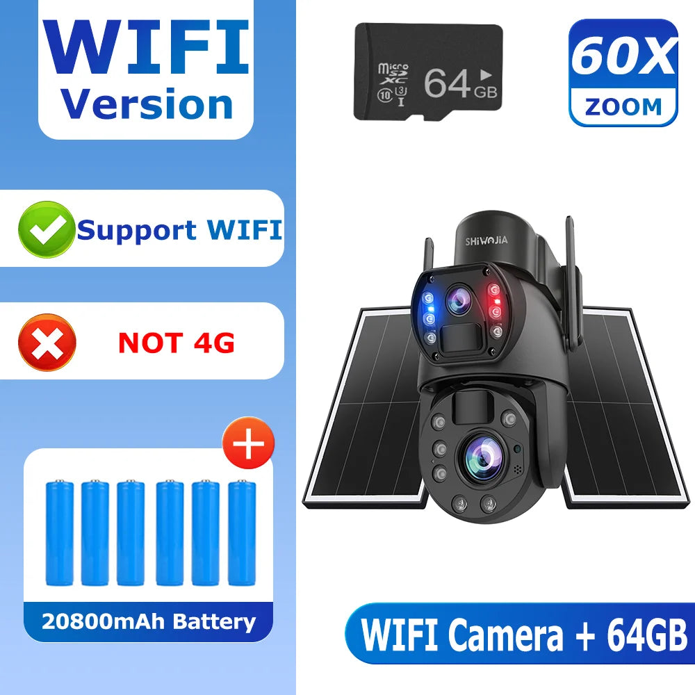 WiFi outdoor solar security camera with 60x zoom, 64GB microSD card shown