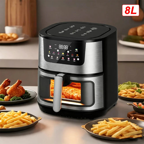 8L black and silver air fryer with front cooking window and pull-out basket handle