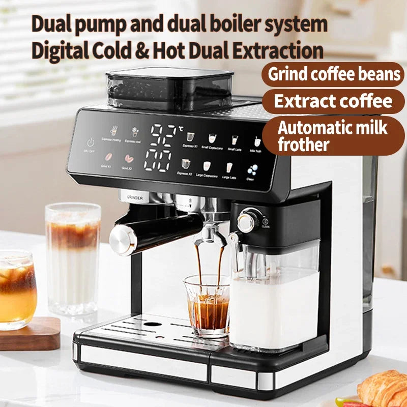 Black and white automatic espresso machine with built-in grinder, milk frother, and digital hot/cold extraction display.