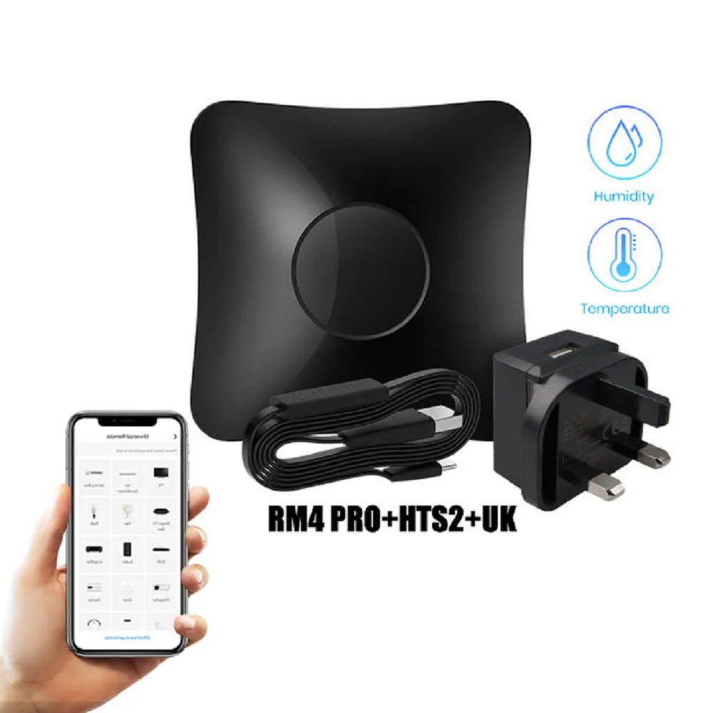 Wireless smart remote hub with humidity/temperature sensor, cables, and UK power plug.