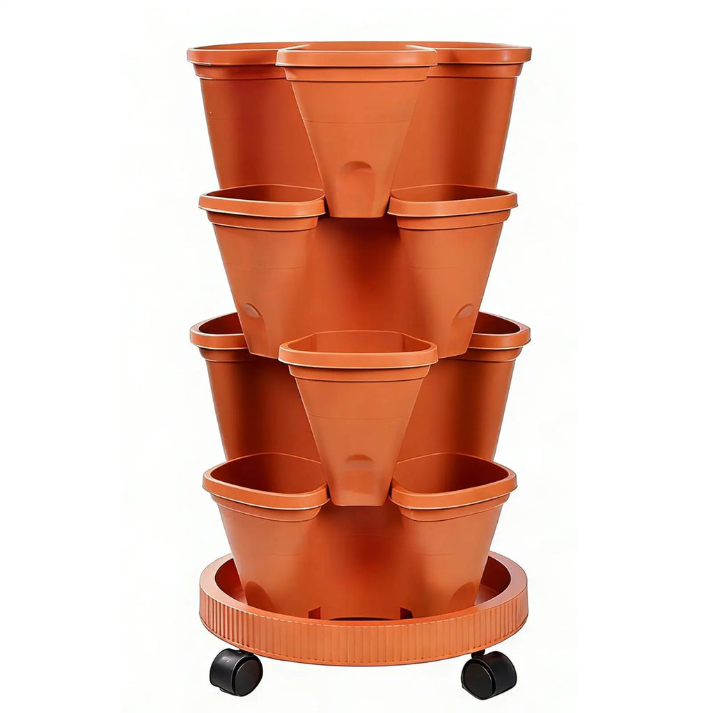 Orange plastic stackable vertical flower pot planter tower with multi-tier side planters and casters