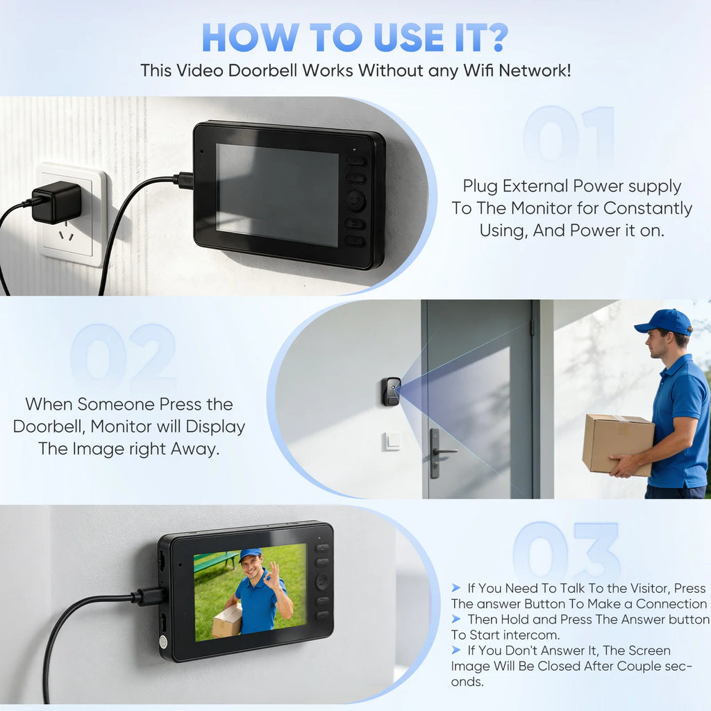 Outdoor Wireless Doorbell With Camera IP65 Waterproof 1080P HD 4.3" Screen 2.4G Video Doorbell Two-Way Audio Night Vision