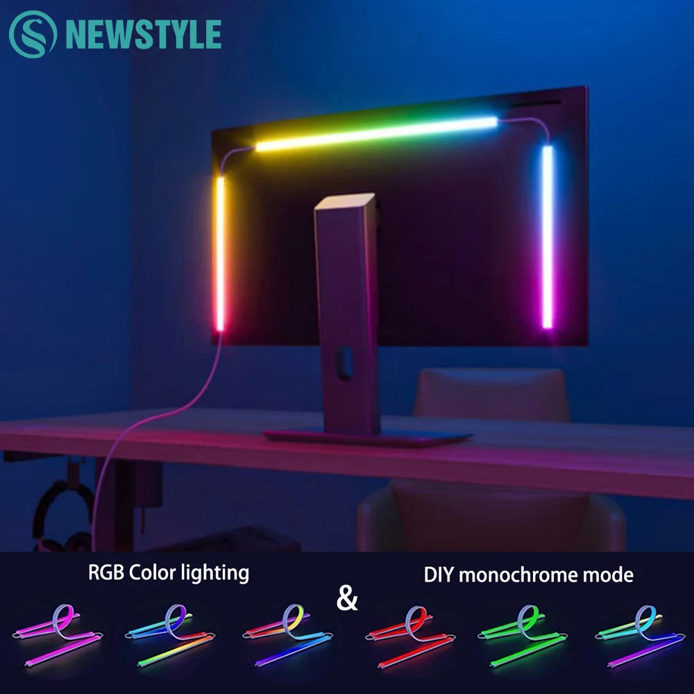 RGB LED monitor backlight strip with multicolor glowing bars behind a display
