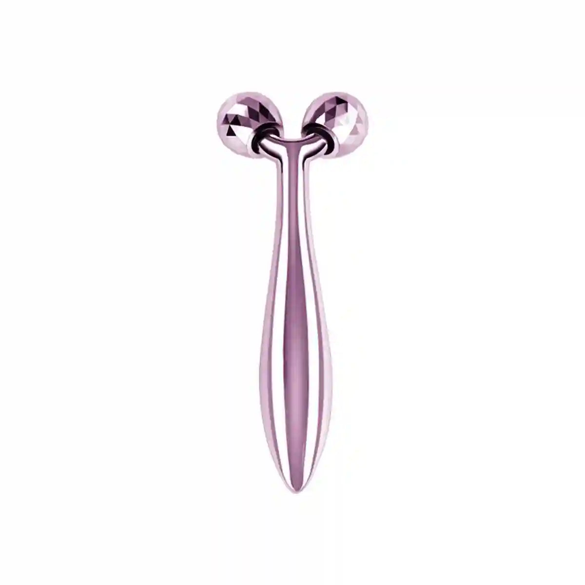 Shiny metallic pink Y-shaped facial massager with two textured, diamond-cut rotating roller balls.