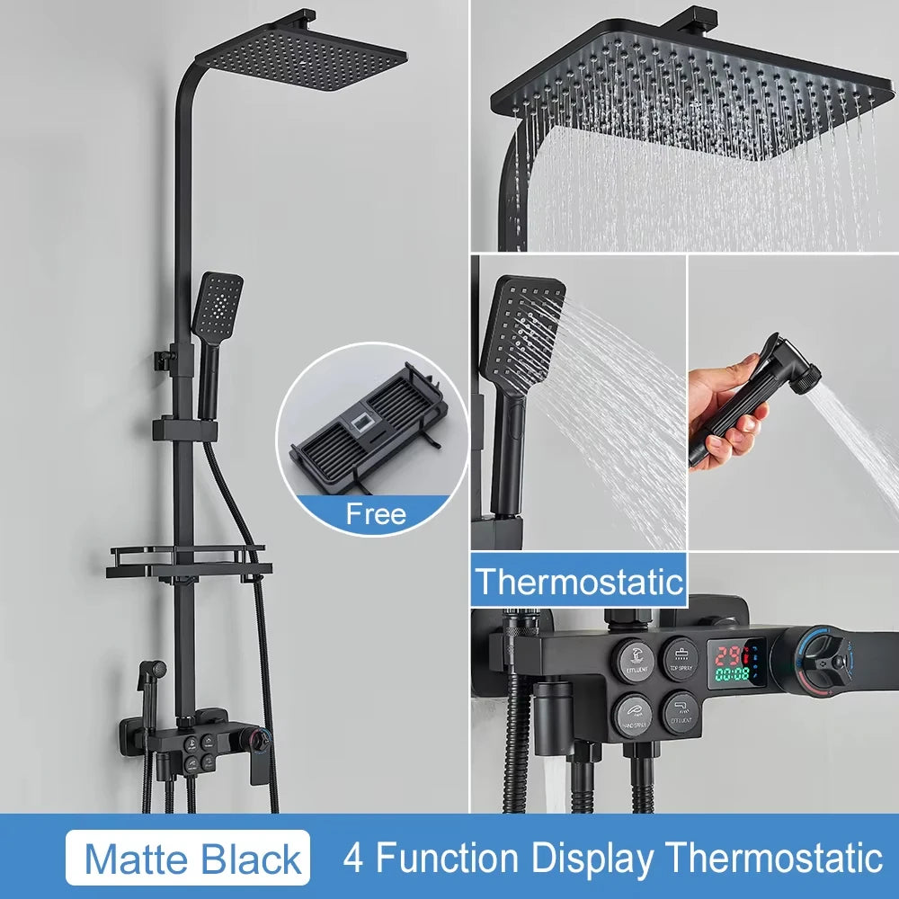 Thermostatic Display Screen Shower Faucet Bathroom Rotate Bath Tub Bidet Shower Push Button Rainfall Head Mixer Tap